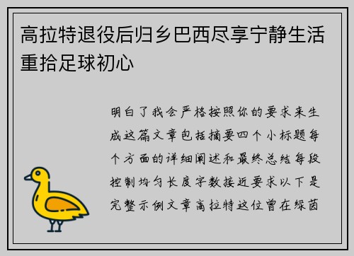 高拉特退役后归乡巴西尽享宁静生活重拾足球初心 高拉特退役后归乡巴西尽享宁静生活重拾足球初心